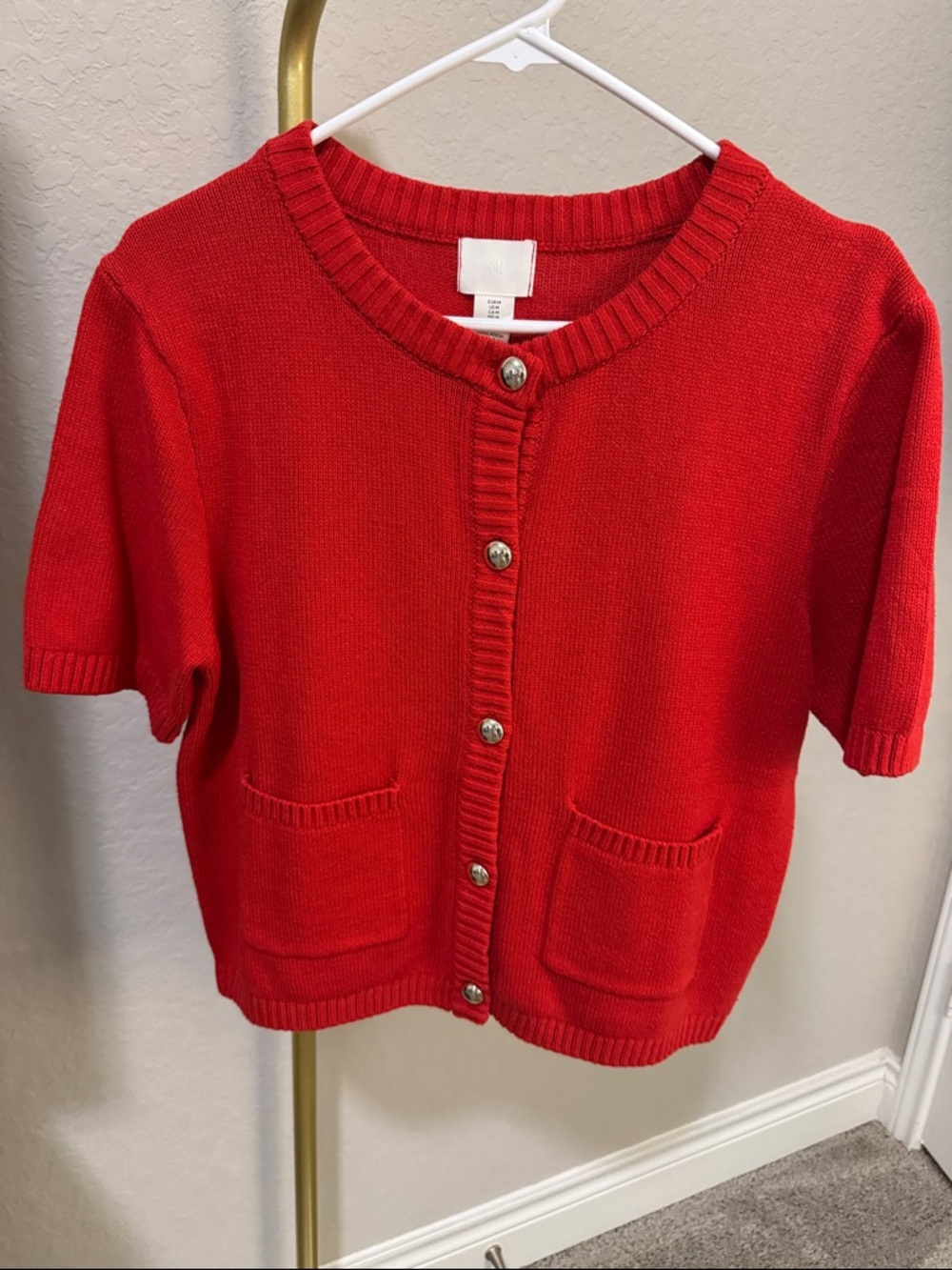 H&M Bright Red Short-Sleeve Crewneck Cardigan